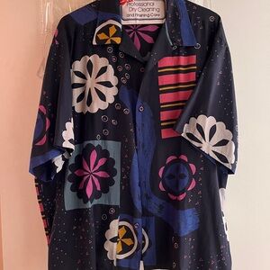 Perry Ellis Shirt, Navy with Colorful Floral Geometric Pattern